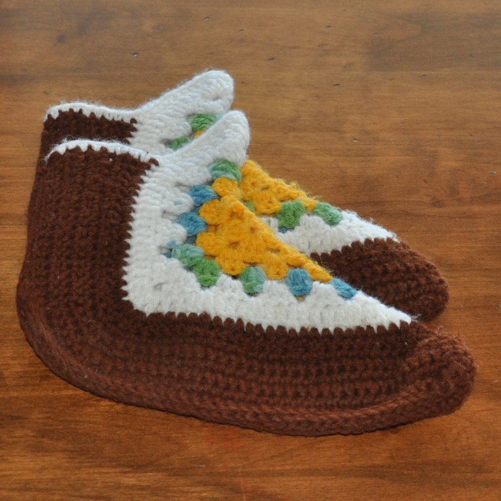 New, Hand Made. Multi Colour Crocheted Granny Square Slippers. S-M